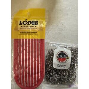 Lodge Hot Handle Holders 2-Pack with Crisbee Chain Mail Scrubber Stainless Steel